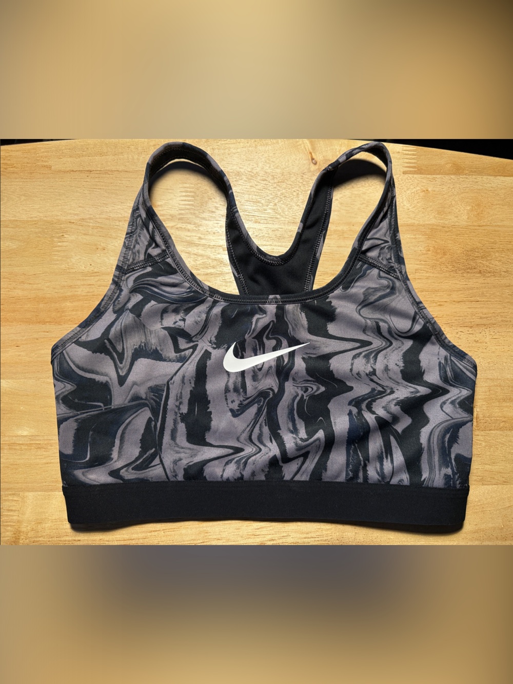 Nike Black & Gray Marble Racerback Sports Bra with White Swoosh